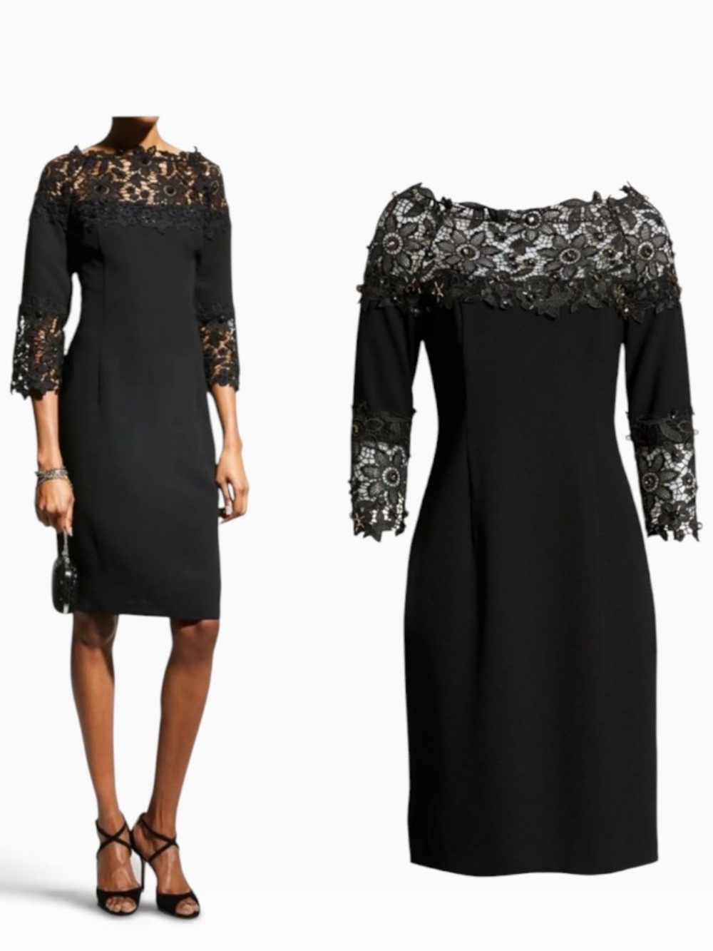 SHANI Beaded Lace Crepe Sheath Dress Black Cocktail Wedding Guest Size 16 $456